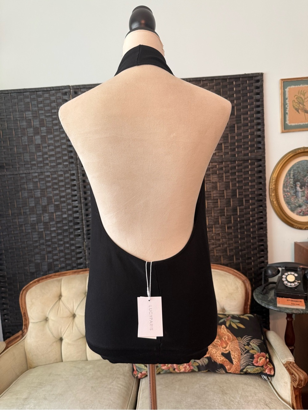 🖤 Lucy Paris Black Halter Cowl Neck Open Back Sweater Tank Top NWT Large - Picture 5 of 10
